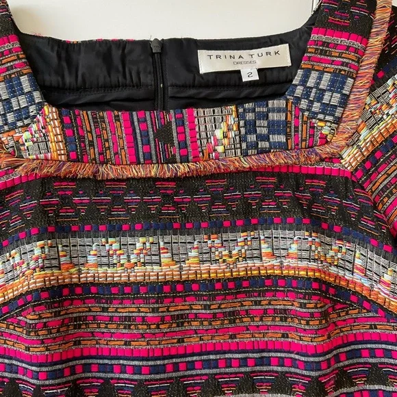 Trina Turk Layke Multi-Color Fringe Designer Dress Square Neck 3/4 Sleeves 2 - Picture 5 of 15